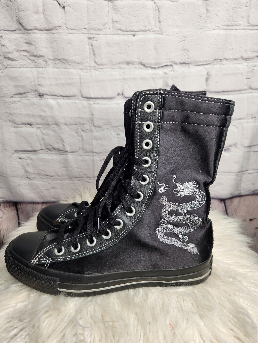 Converse All-Star Satin Chinese Dragon High Top Shoes Black Silver Size 7